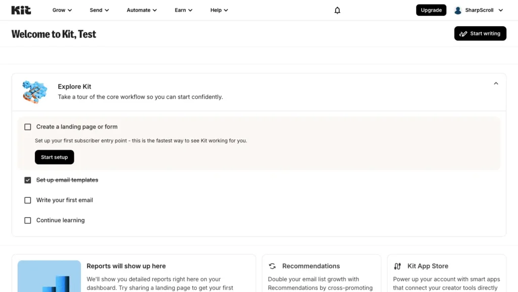kit dashboard after login showing available options for the kit review.