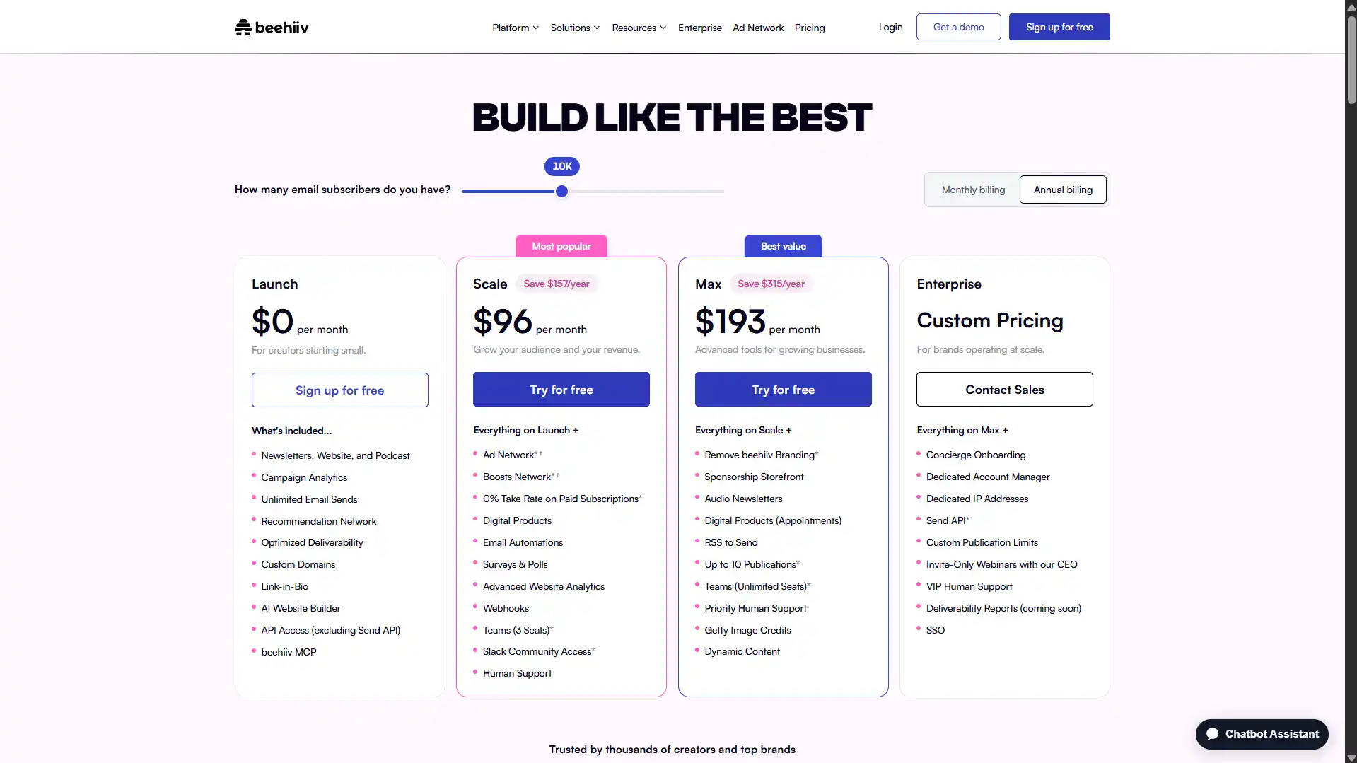 beehiiv Annual Pricing at 10000 Subscribers beehiiv pricing page at 10000 subscribers showing annual billing with Scale at 96 dollars per month