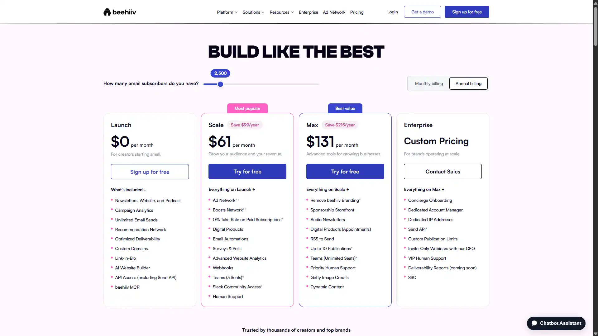 beehiiv Annual Pricing at 2500 Subscribers beehiiv pricing page at 2500 subscribers showing annual billing with Scale at 61 dollars per month