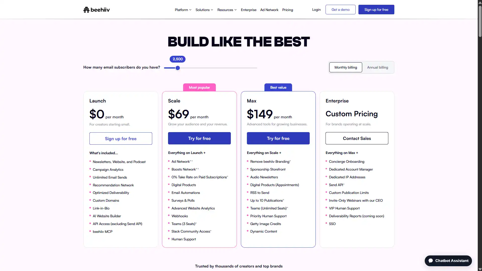 beehiiv Monthly Pricing at 2500 Subscribers beehiiv pricing page at 2500 subscribers showing monthly billing with Scale at 69 dollars and Max at 149 dollars per month